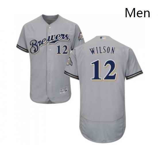 Mens Milwaukee Brewers 12 Alex Wilson Grey Road Flex Base Authentic Collection Baseball Jersey